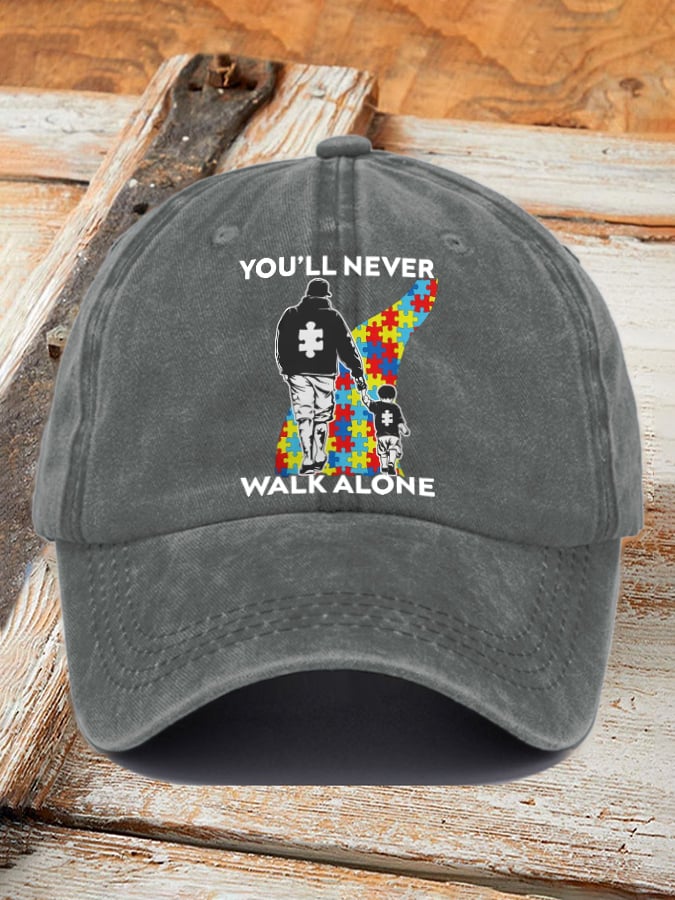 Retro Autism Awareness Dad And Son You'll Never Walk Alone Print Baseball Cap