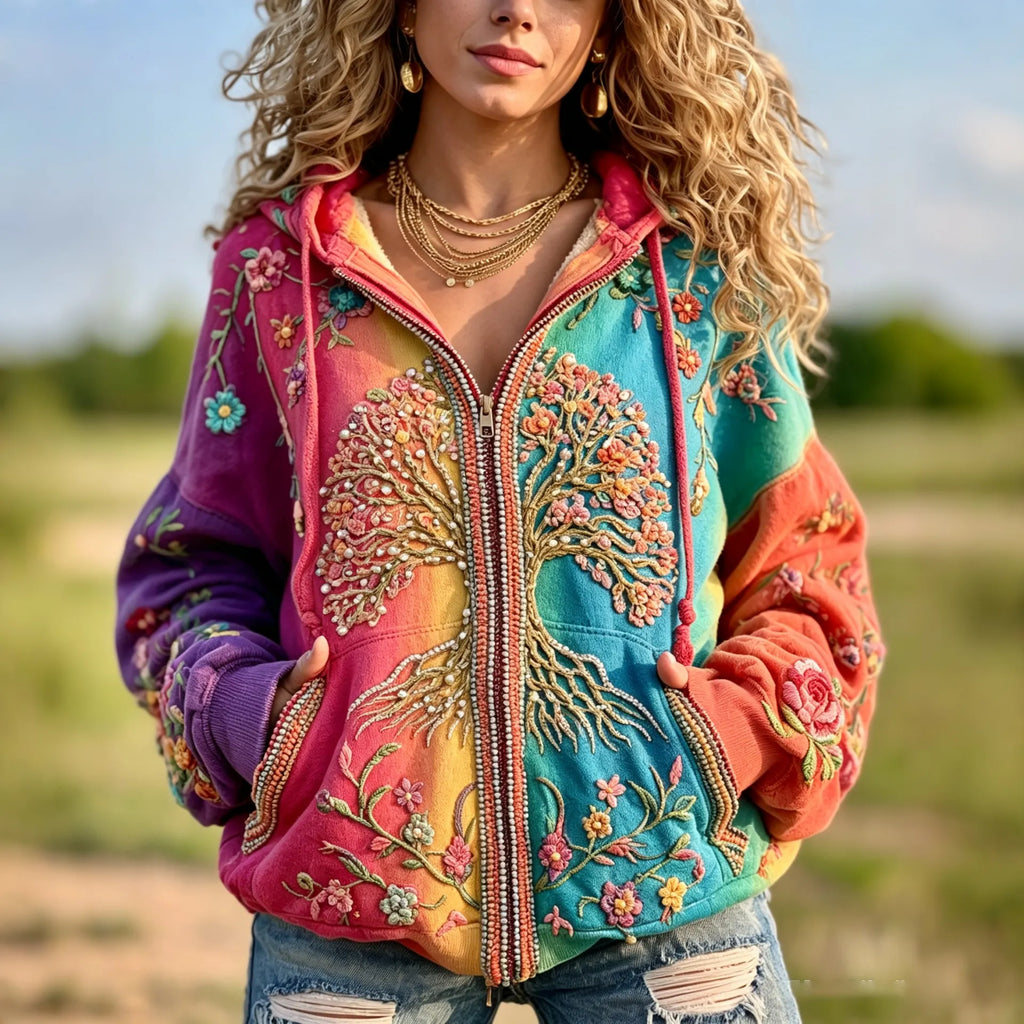 Women's Vintage Hippie Tree Of Life Floral Gradient Art Comfy Zipper Hoodie