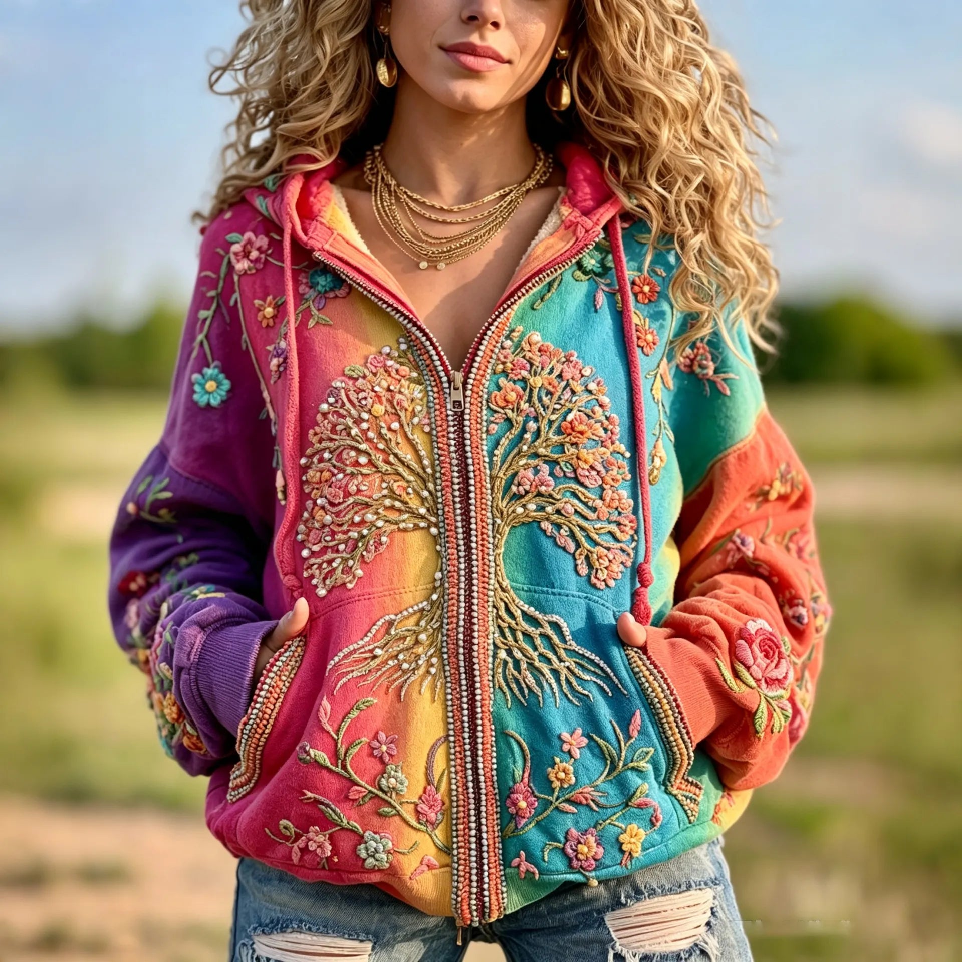 Women's Vintage Hippie Tree Of Life Floral Gradient Art Comfy Zipper Hoodie