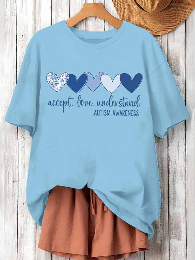 Women's Accept Love Understand Autism Awareness  Printed Short-Sleeved T-Shirt
