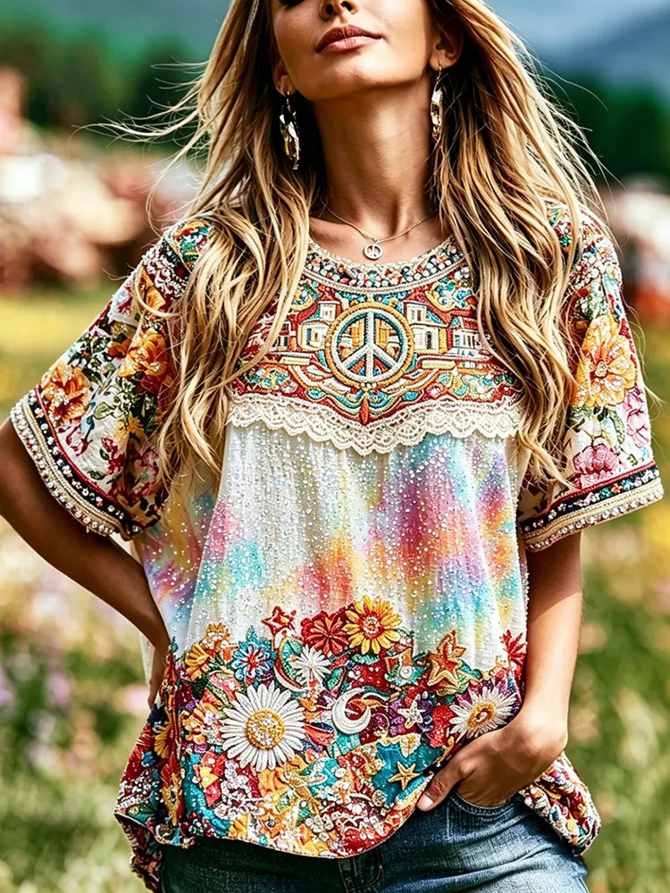 Women's Vintage Hippie Floral Pattern Art Embroidered Linen Blend Shirts