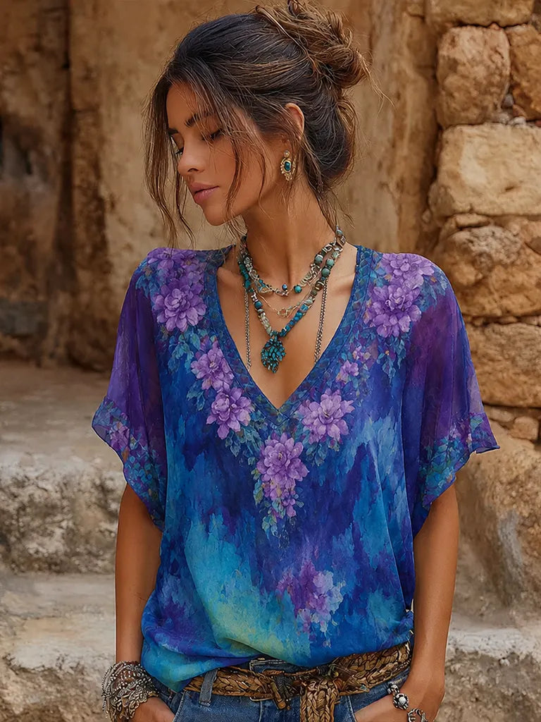 Women's Retro Purple Floral Embroidery Pattern Casual V-neck T-shirt