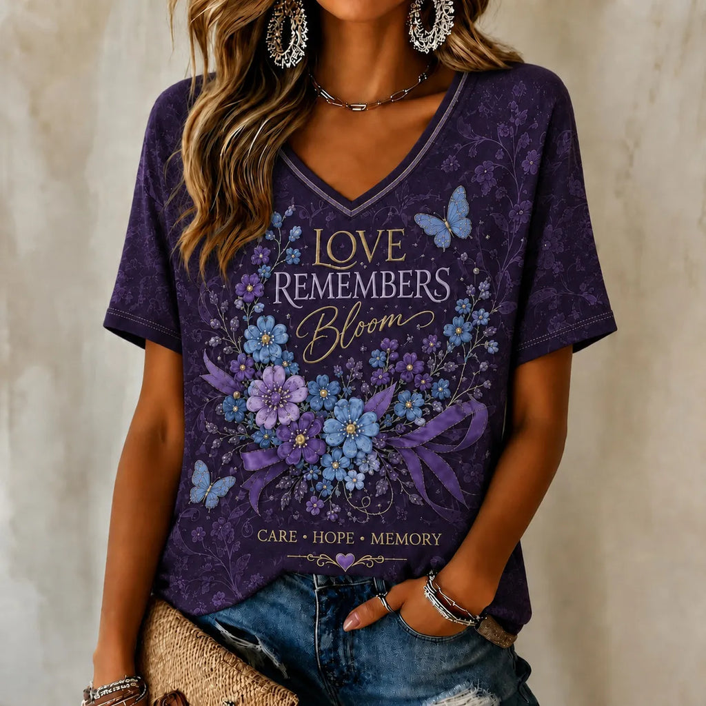 Women's Alzheimer's Awareness Loving Memory Floral Art Printed T-shirt