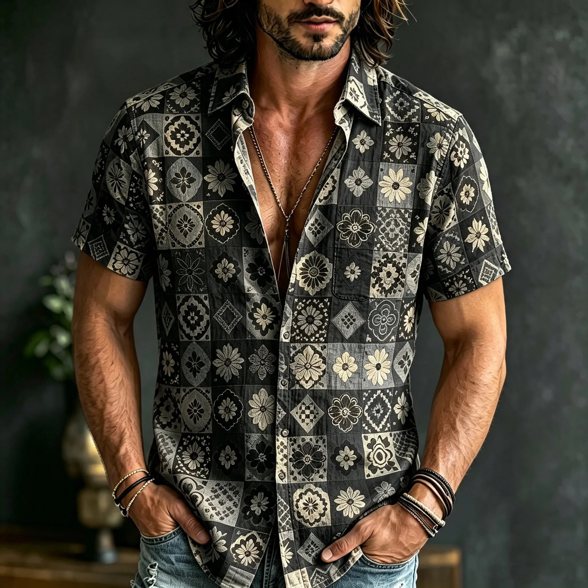 Men's Boho Patchwork Floral Print Hippie Cotton And Linen Comfortable Short Sleeve Shirt