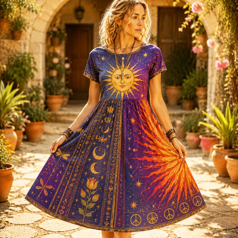 Women's Boho Celestial Graphic Maxi Dress - Vintage Sun, Moon, Stars And Floral Print Flowy Dress
