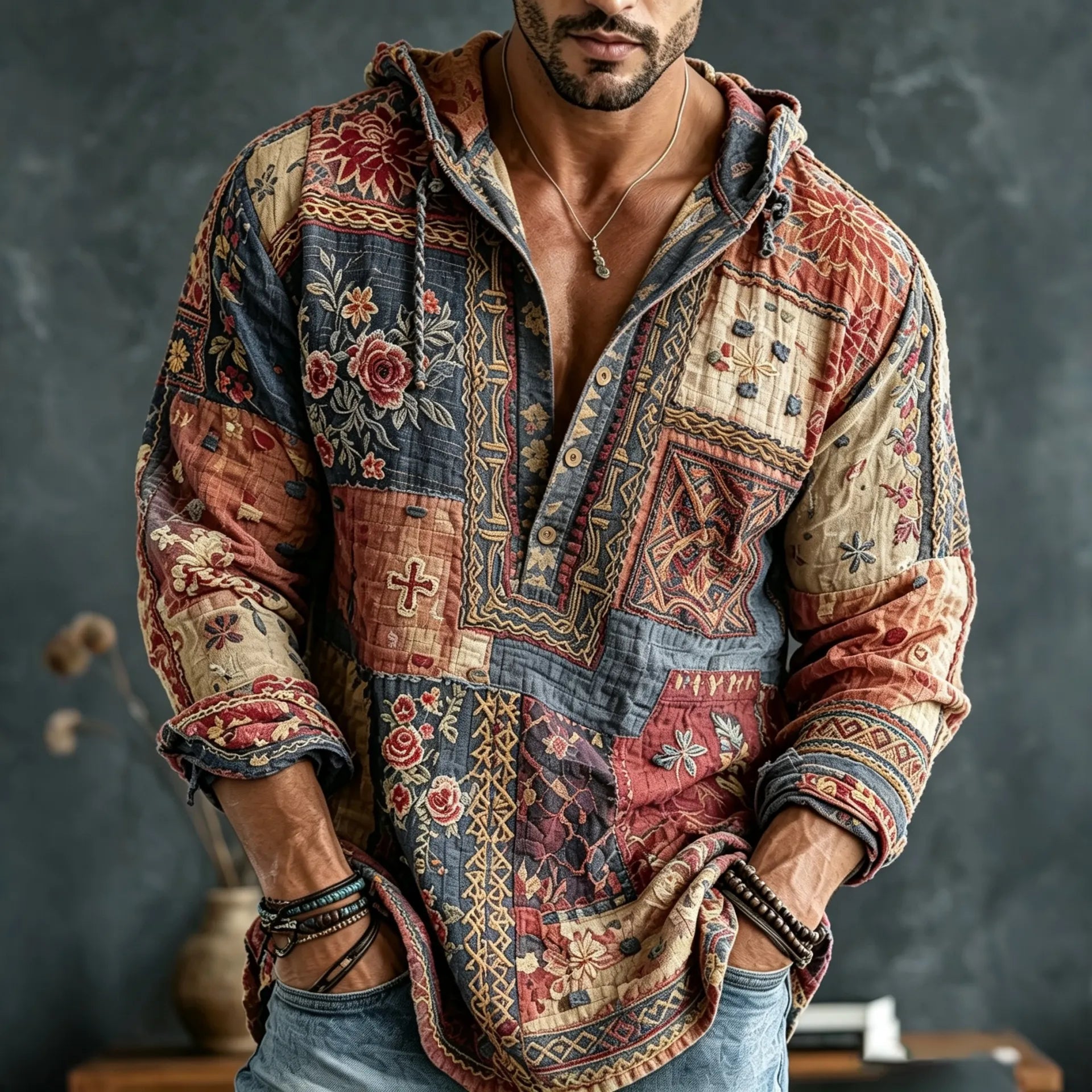 Men's Retro Floral  Patchwork Embroidered Art Print Flowy Linen Blend Casual  Hooded Shirt