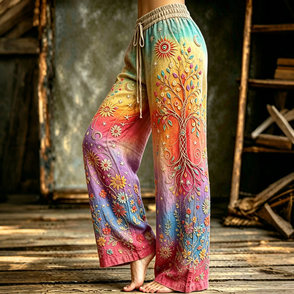 Women's Retro Hippie Life Of Tree  Floral Embroidery Art Pattern Linen Blend Pants