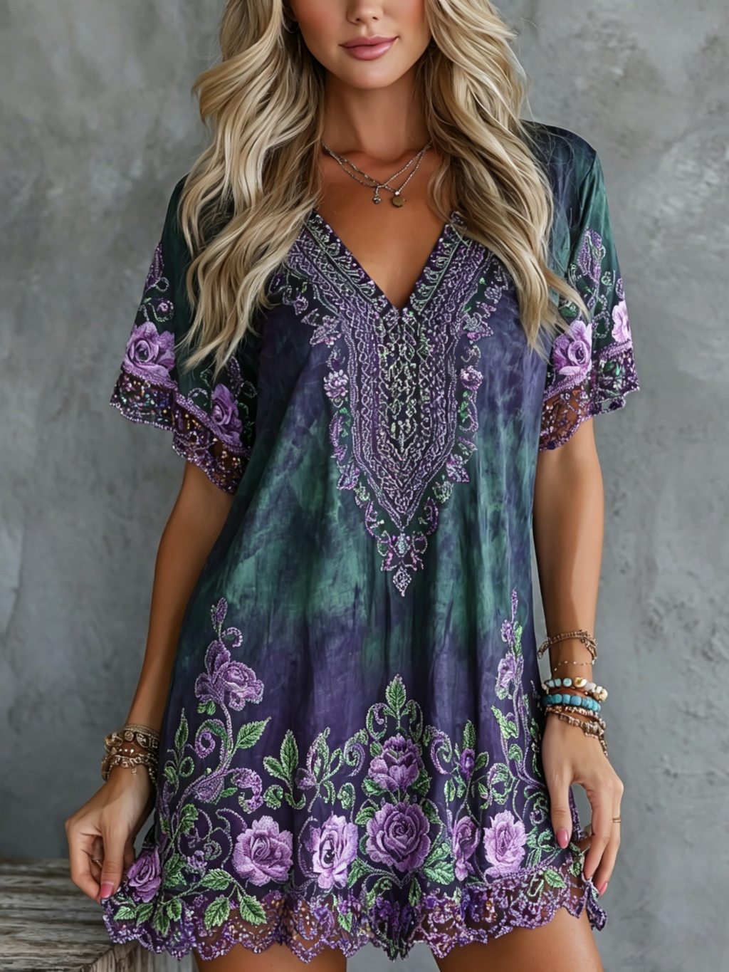 Women's Retro Floral Art Embroidery Cotton Linen V-neck Dress