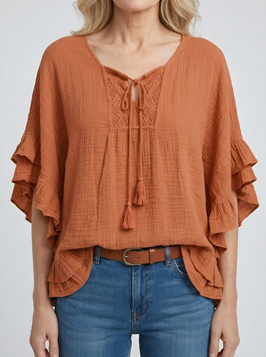 Women's Western Vintage Ruffle Lace-Trimmed Printed Top