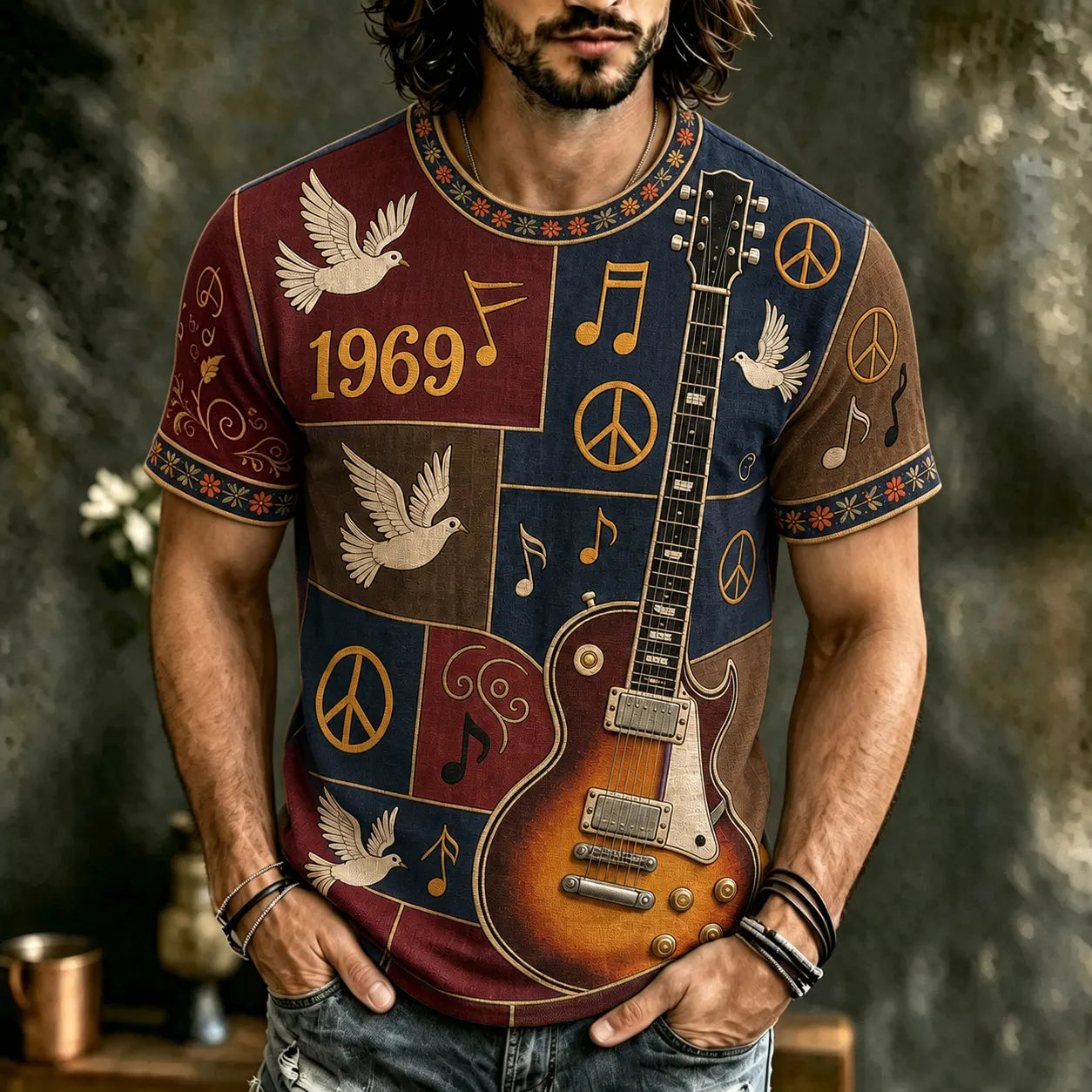Men's Hippie Music Guitar Pattern Patchwork Print T-shirt