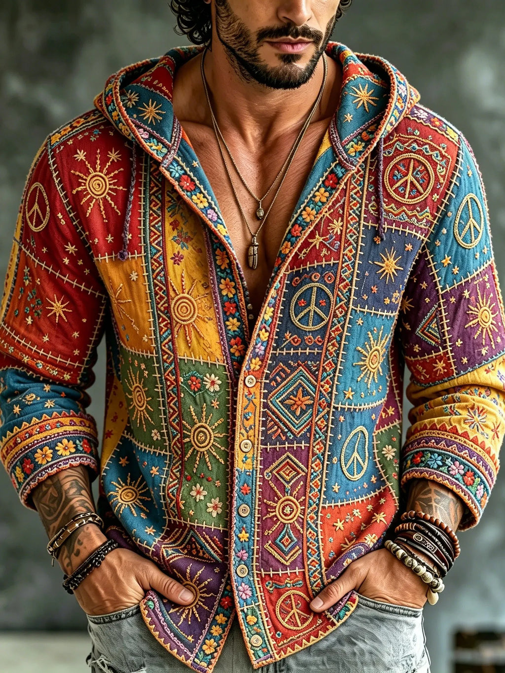 Men's Vintage Rainbow Sun & Peace Sign Patchwork Boho Art Print Flowy Linen Blend Casual Buttons Hooded Shirts