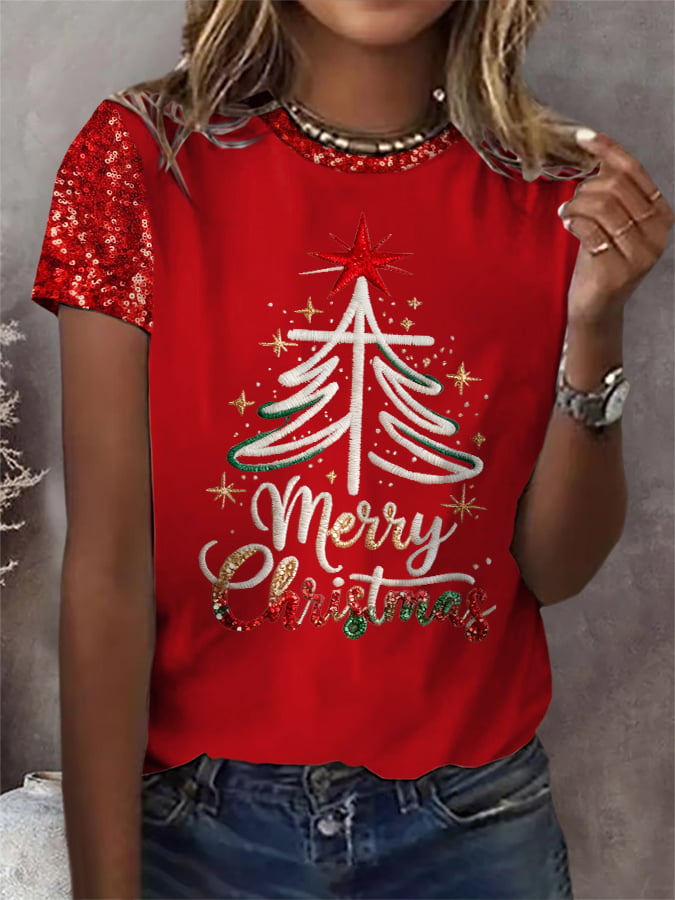 Retro Merry Christmas Cross Faith Print T-Shirt