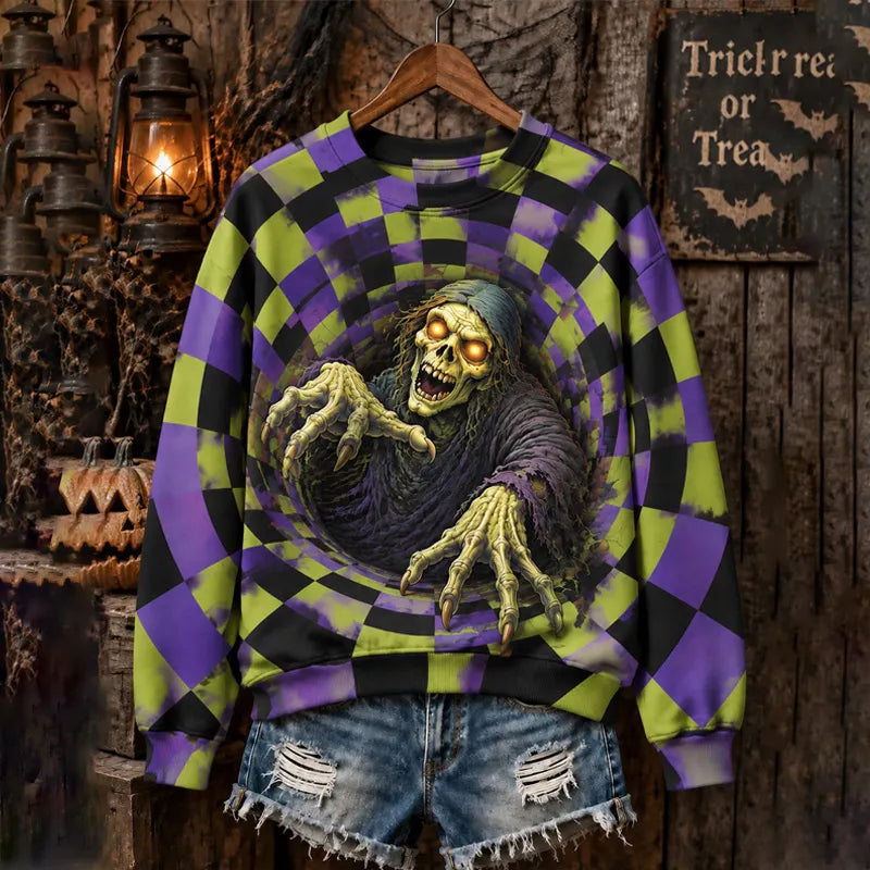 Women's Halloween 3d Zombie Checkered Crewneck Sweatshirt
