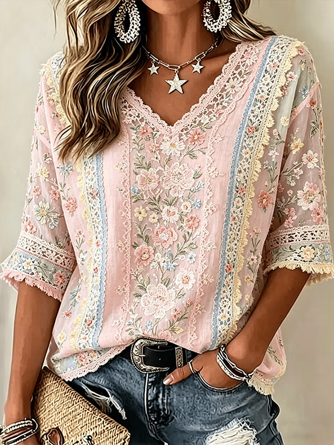 Women's Breast Cancer Breast Cancer Floral Print V-Neck Short Sleeve