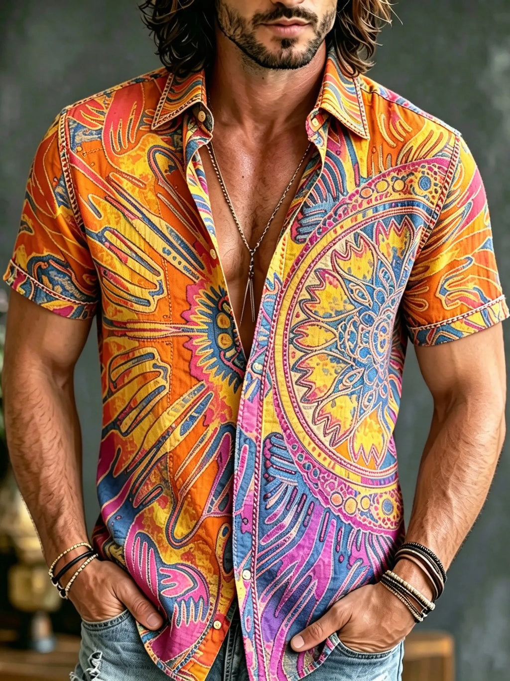 Men's Retro Hippie Style Vacation Style Pattern Printed Short-sleeve Shirt