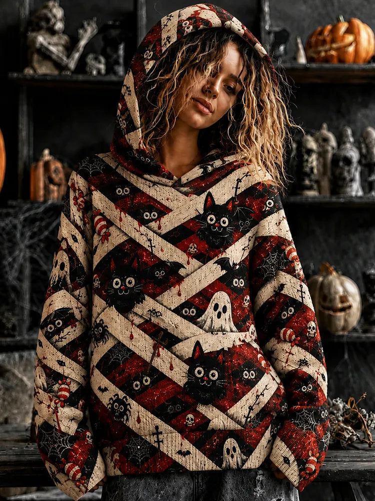 Women's Halloween Scary Bandaged Spider Black Cat Art Print Cozy Art Knit Hooded Sweater