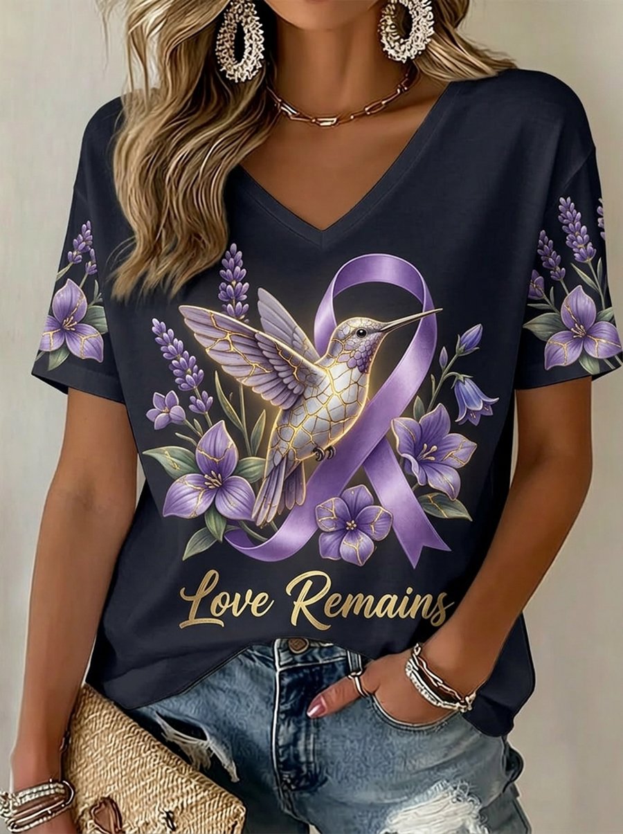 Women's Alzheimer's Awareness Floral Art V-Neck Short-Sleeve T-Shirt