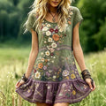 Women's Colorful Floral And Dragonfly Lace Art Gradient Cotton Linen Playful Short-sleeved Dress