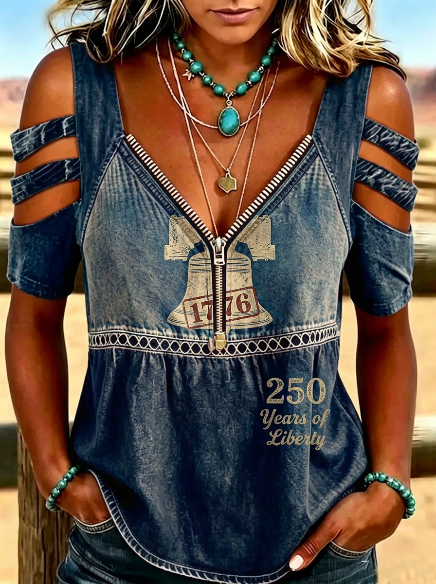 Women's Western 4th of July Liberty Bell 1776 Printed T-shirt