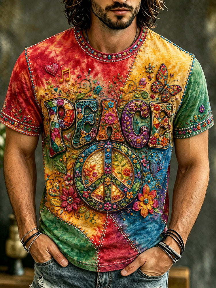 Men's Vintage Hippie Peace Flower Art Crew Neck Short Sleeve T-shirt