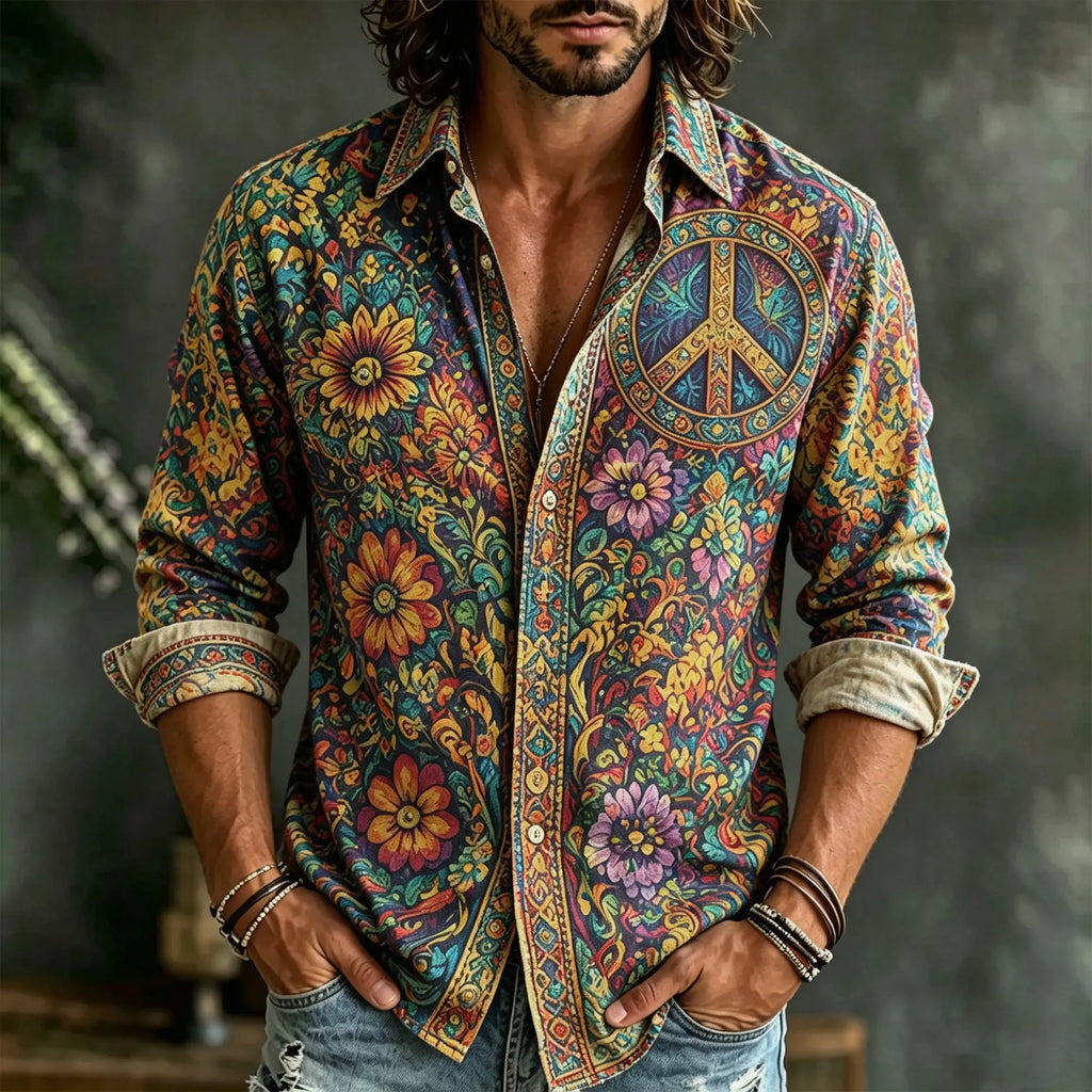 Men's Vintage Hippie Boho Floral Peace Symbol Long Sleeve Shirt