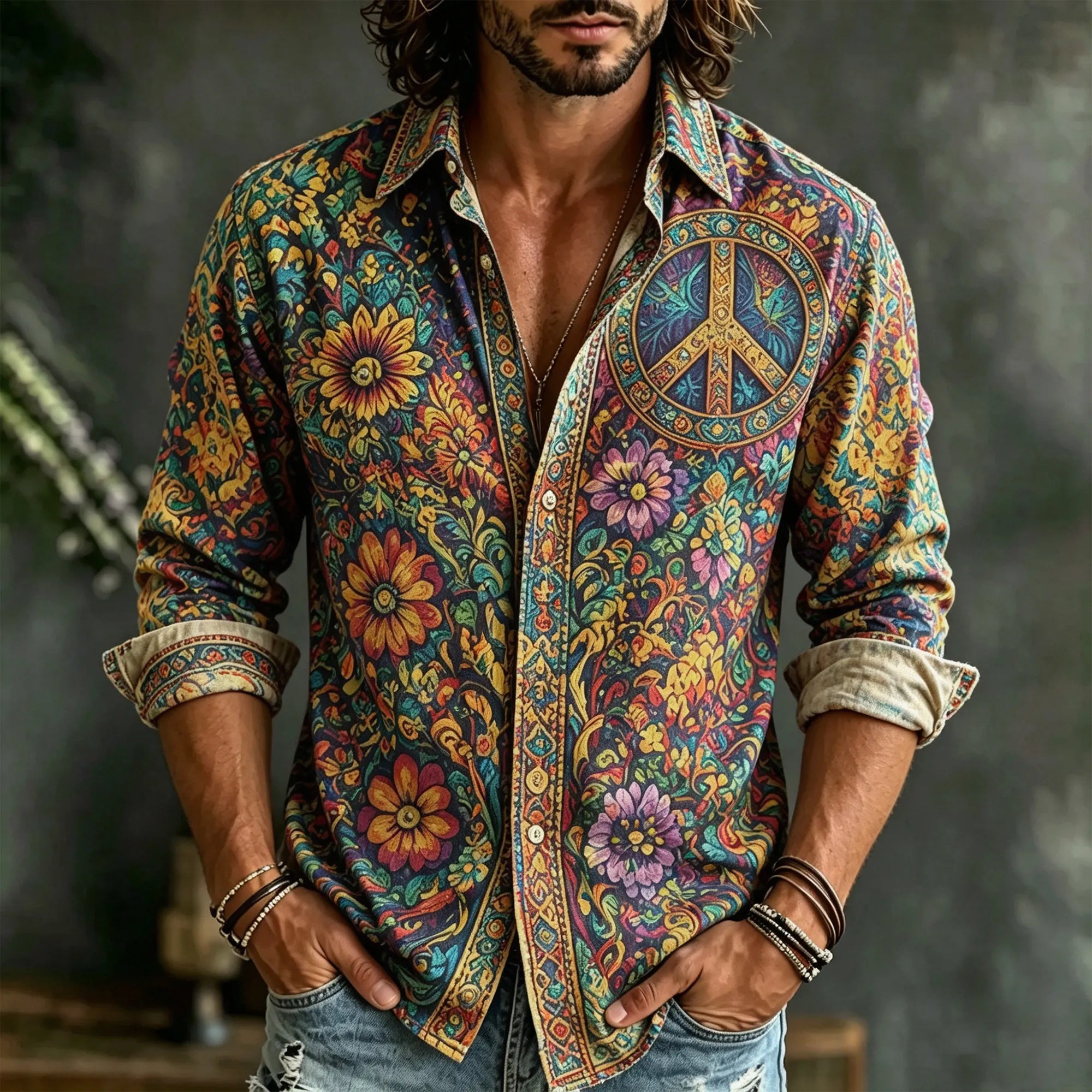 Men's Vintage Hippie Boho Floral Peace Symbol Long Sleeve Shirt