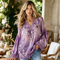 Women's Vintage Pansy Floral Embroidery Print Long Sleeves Linen T-shirt