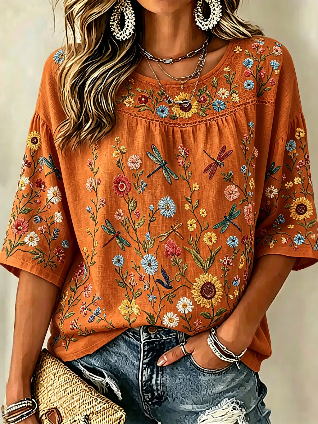 Women's Floral Art Print Flowy Linen Blend Linen Blend Three-quarter Sleeve Casual Tops