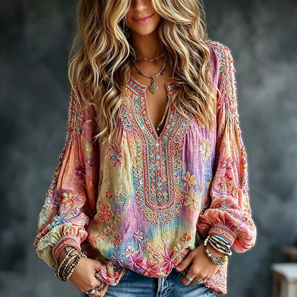 Women's Vintage Floral In Hippie Vibe Art Print Flowy Linen Blend Linen Blend Long Sleeve Casual Tops