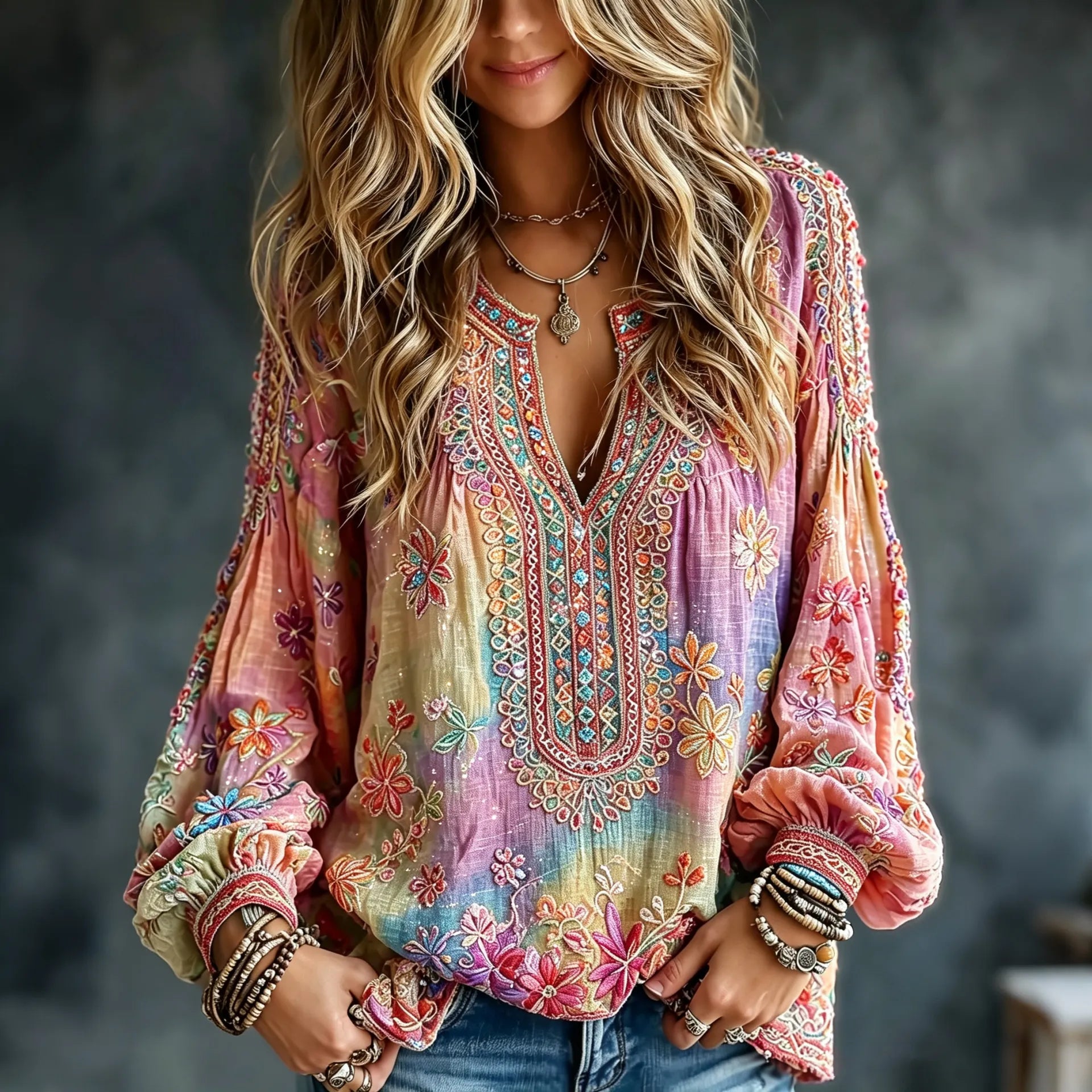 Women's Vintage Floral In Hippie Vibe Art Print Flowy Linen Blend Linen Blend Long Sleeve Casual Tops