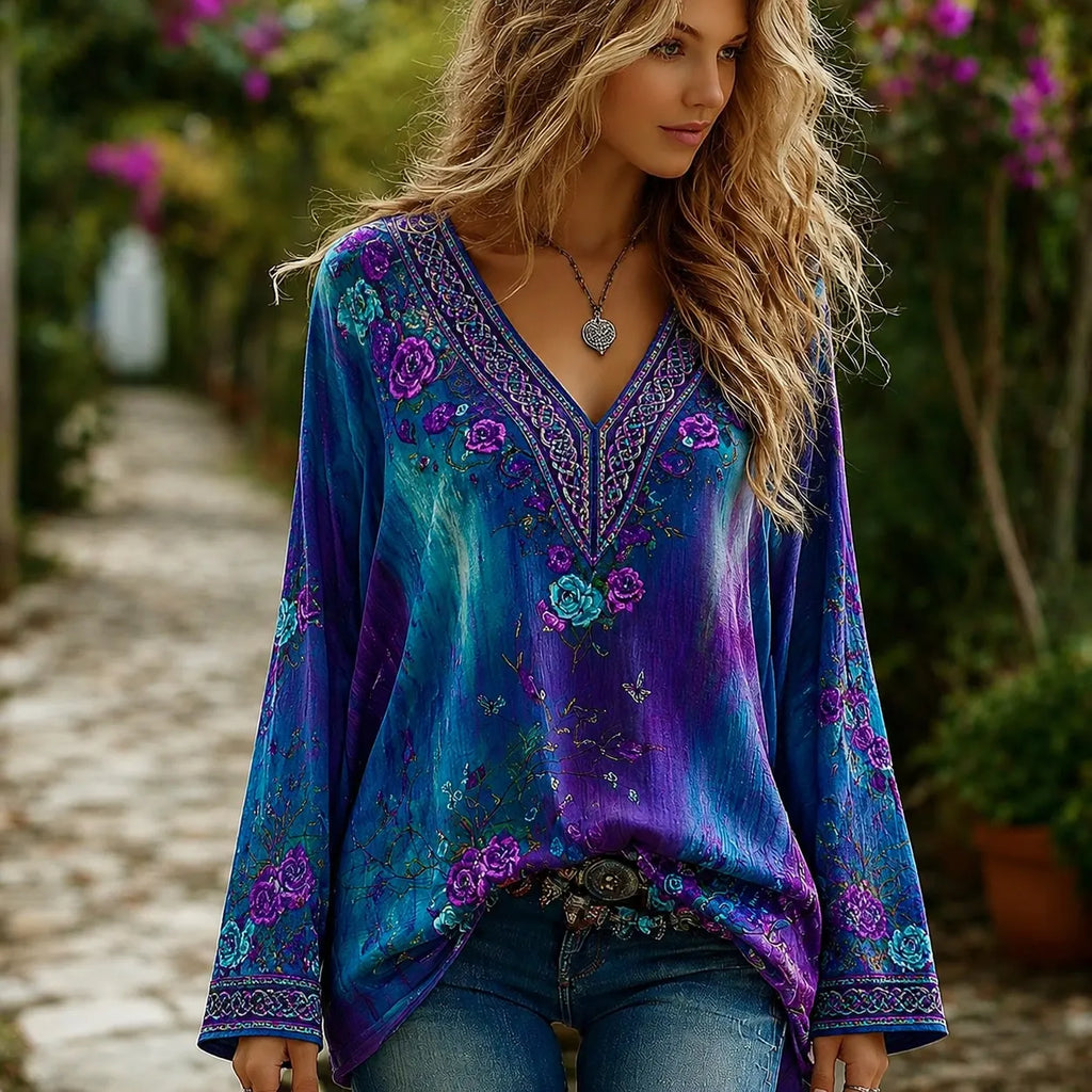 Women's Retro Celtic Knot Rose Gradient Pattern Casual V-neck Shirt