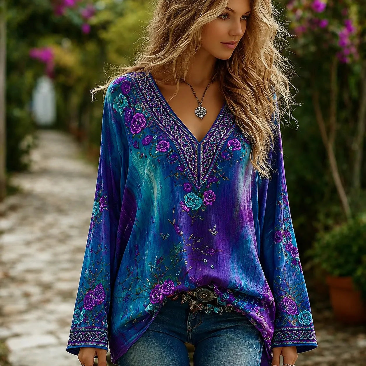 Women's Retro Celtic Knot Rose Gradient Pattern Casual V-neck Shirt