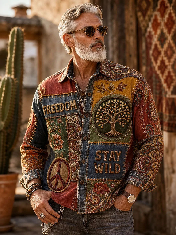 Men's Retro Hippie Color Block Patchwork Long-sleeve Shirt