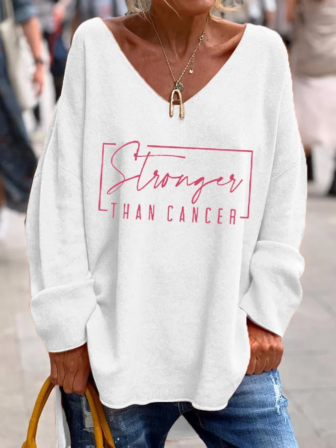 Women's Stronger Than Breast Cancer Awareness Printed Long Sleeve V-Neck Top