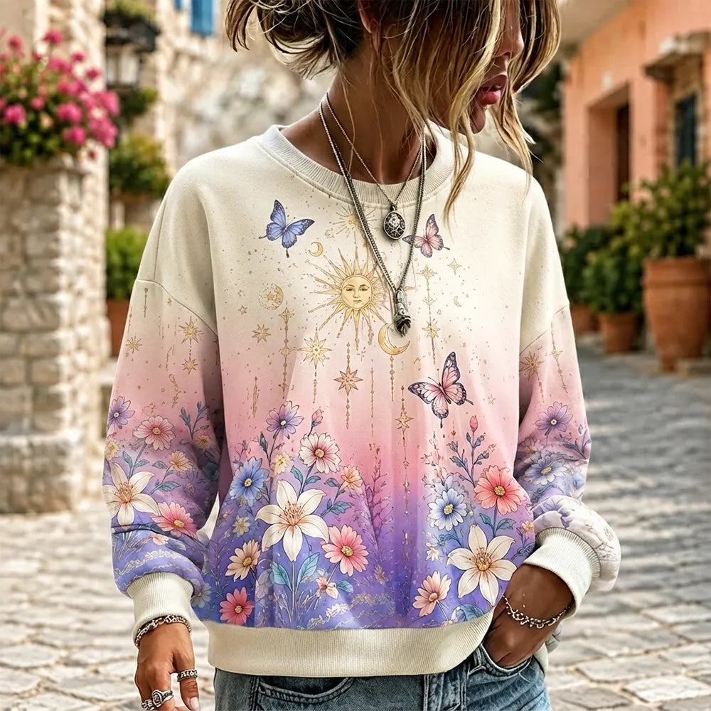 Women's Crew Neck Long Sleeve Sweatshirt With Gradient Ombre, Celestial Sun, Moon, And Botanical Print