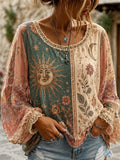 Women's Bohemian Colorblock Sun, Moon & Floral Print Long-sleeve Blouse
