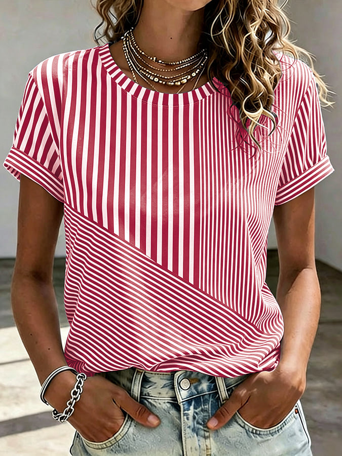 Women'S Pink Breast Cancer Awareness Propaganda Stripe Art Print Short Sleeve T-Shirt