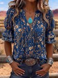 Women's Western Vintage Floral Ruffle Sleeve Printed Top
