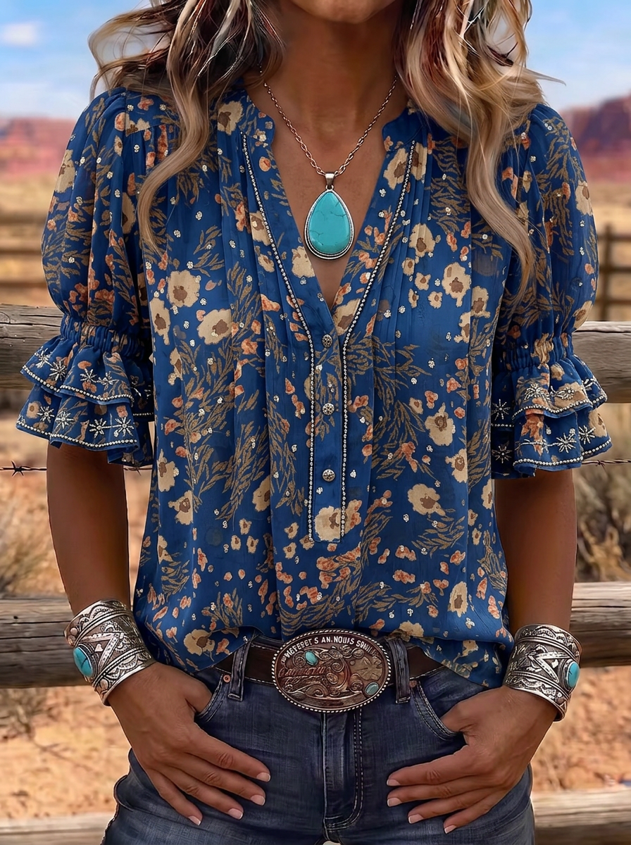 Women's Western Vintage Floral Ruffle Sleeve Printed Top