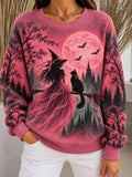 Women's Halloween Pink Ribbon Ribbed Round-Neck Sweatshirt