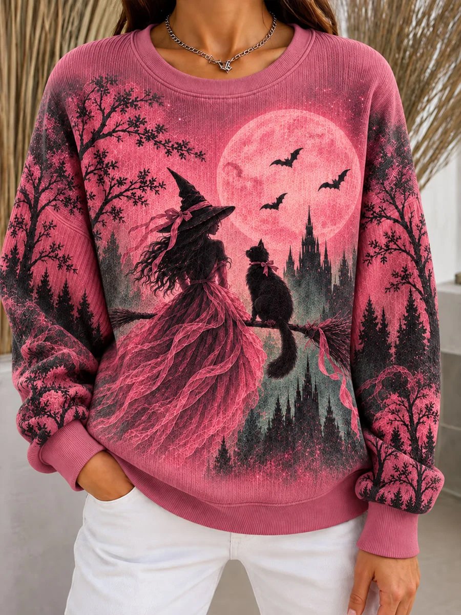 Women's Halloween Pink Ribbon Ribbed Round-Neck Sweatshirt