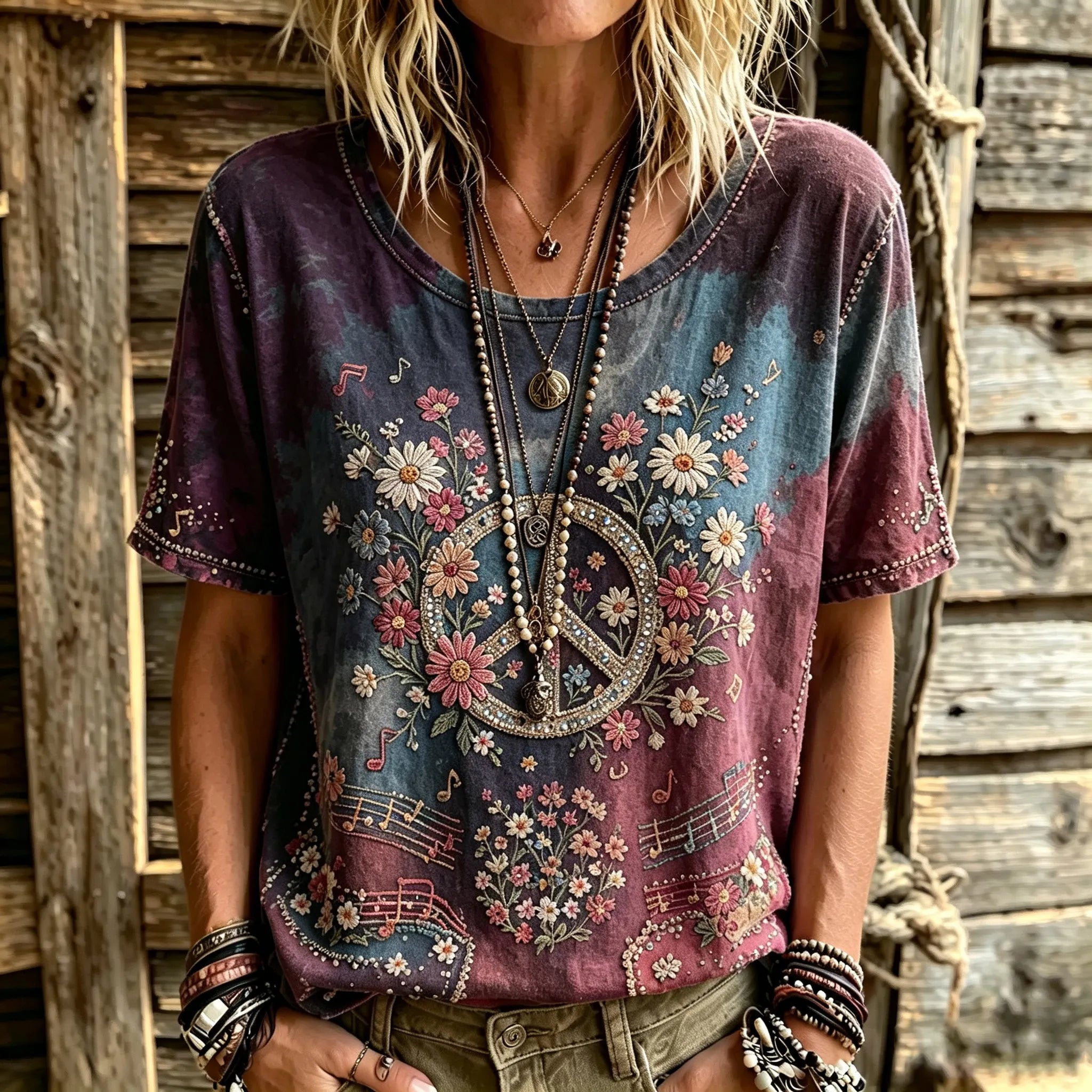 Women's Retro Tie-dye Hippie Peace Logo Floral Art Embroidery Casual Cotton Linen T-shirt