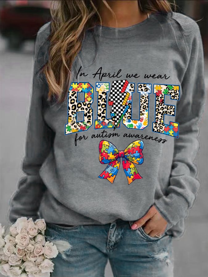 Women's "In April We Wear Blue" Autism Awareness Printed Casual Crew Neck Sweatshirt