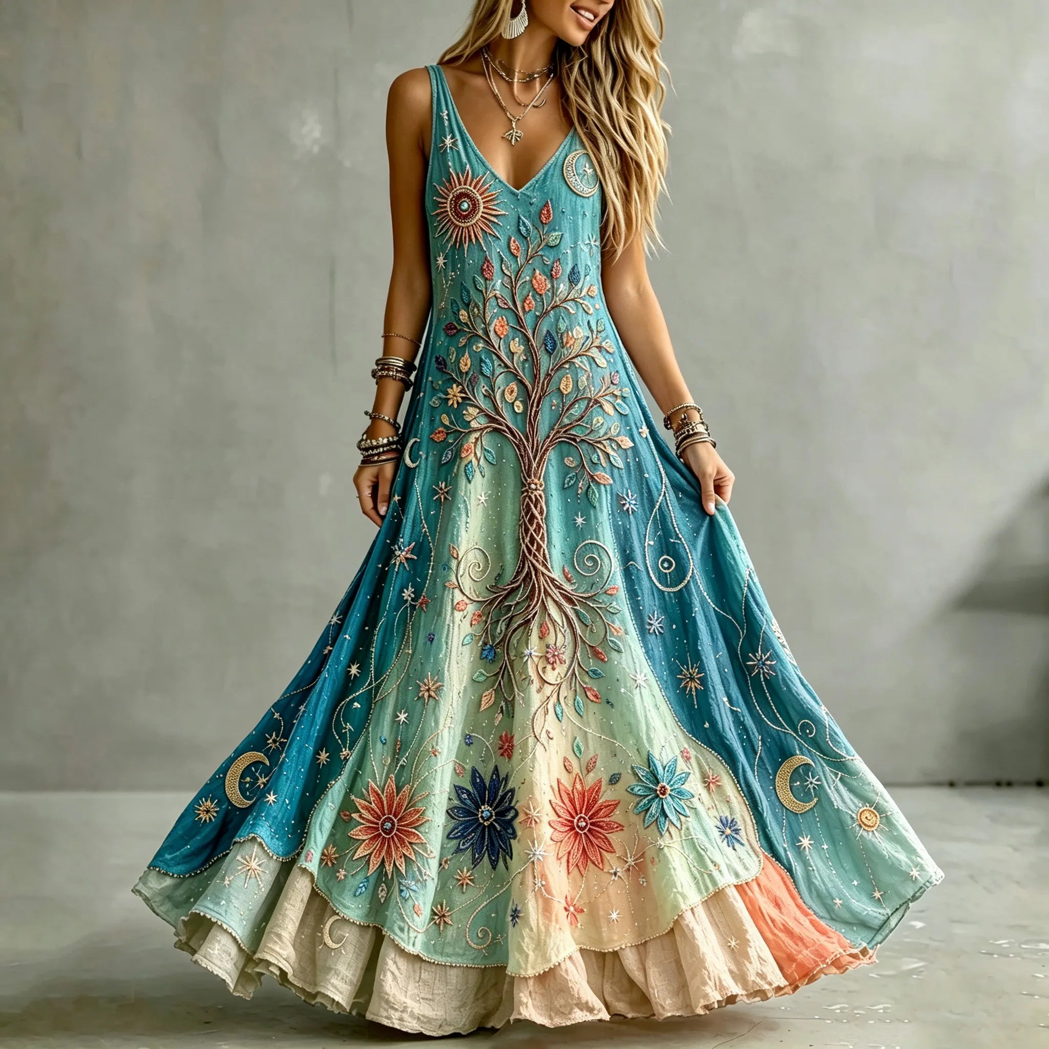 Women's Retro Sun Moon With Tree Of Life Color Gradient Art Pattern Tanks Dress