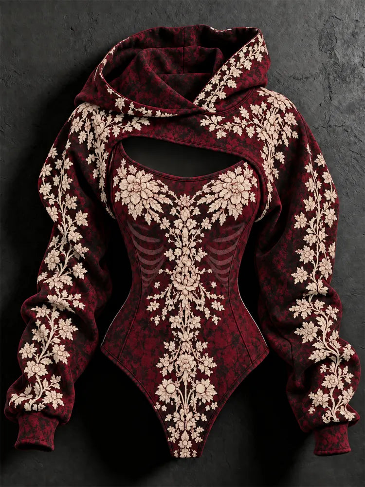 Women's Halloween Gothic Dark Floral Skull Print Hoodie Set Two-piece Outfit
