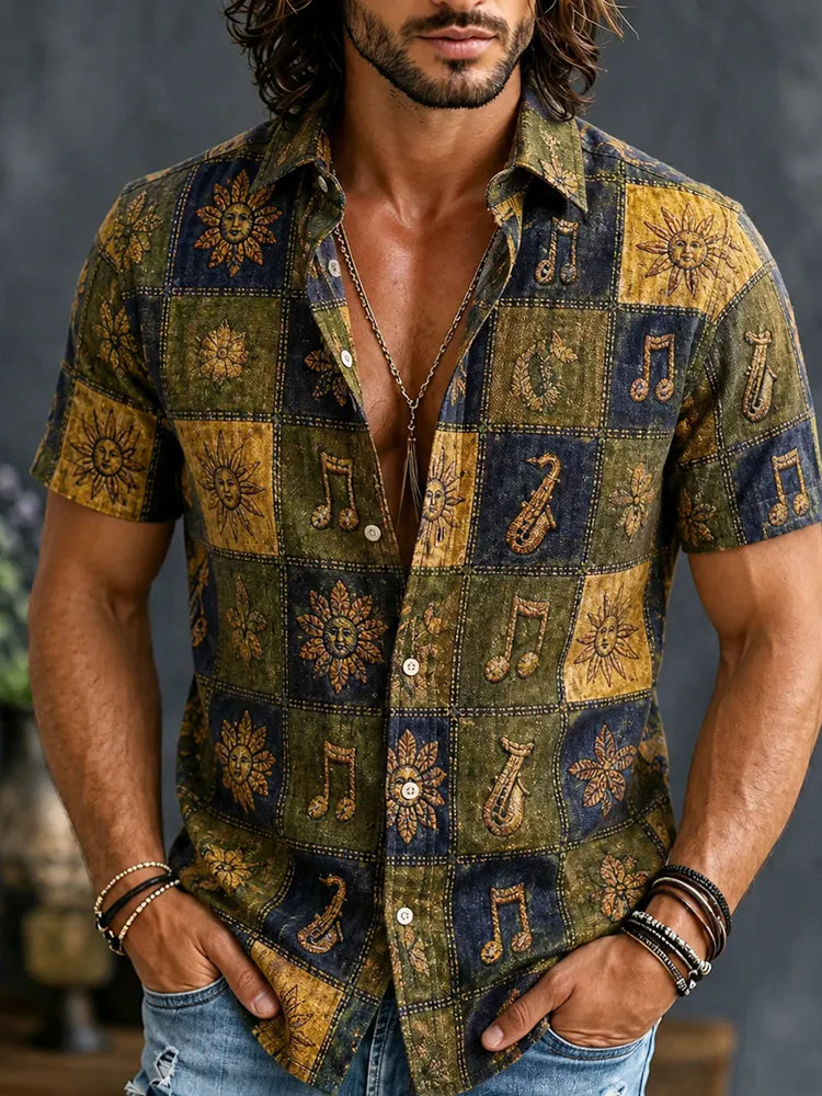 Men's Vintage Hippie Patchwork Music Note And Sun Art Print Casual Shirt