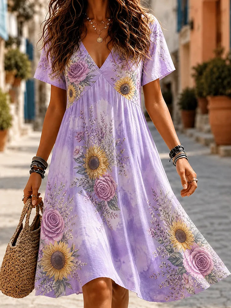 Women's Short-sleeve V-neck Casual Midi Dress In A Light Purple Tie-dye Design With Elegant Sunflower And Rose Patterns.