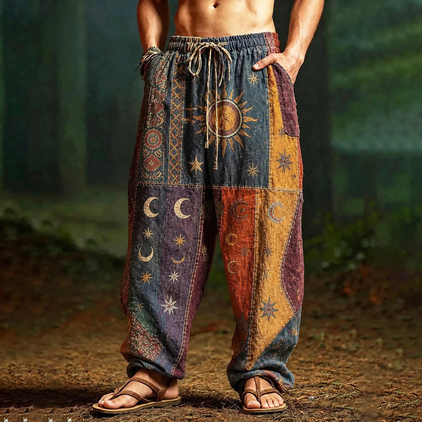 Men's Hippie Sun And Moon Element Patchwork Art Print Casual Pants