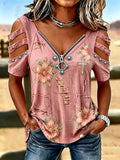 Women's Retro Floral Western Style Faith Cross Pattern Top