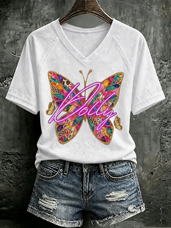 V Neck Retro Butterfly Queen Of Country Print T-Shirt